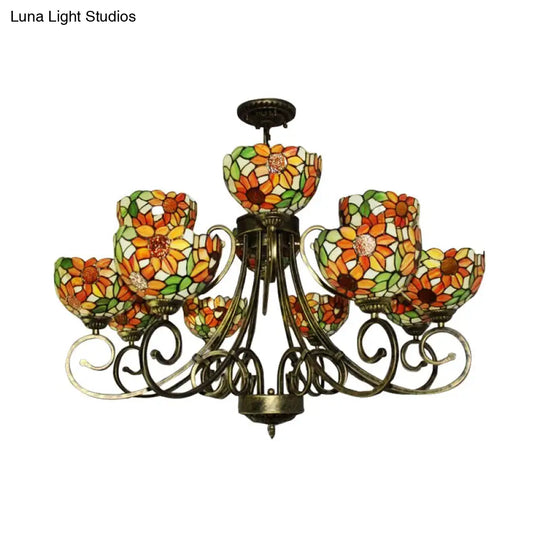 Sunflower Stained Glass Chandelier - Exquisite Tiffany Suspension Light In Antique Bronze | Ideal