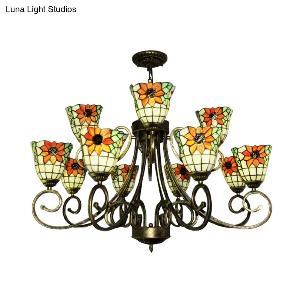 Sunflower Stained Glass Chandelier - Exquisite Tiffany Suspension Light In Antique Bronze | Ideal