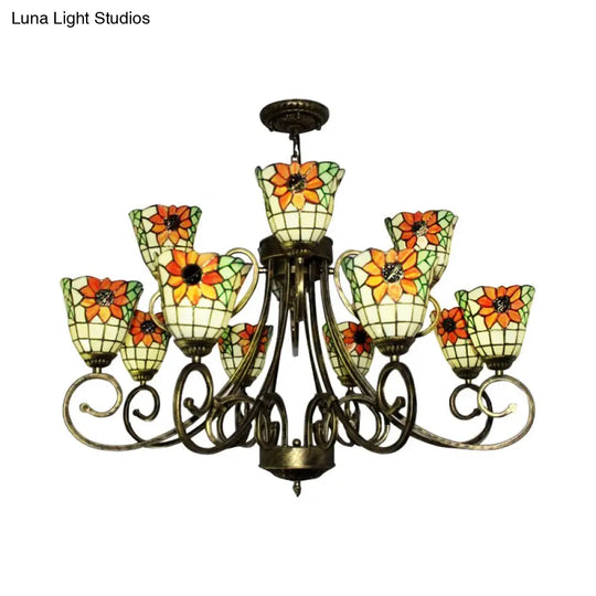 Sunflower Stained Glass Chandelier - Exquisite Tiffany Suspension Light In Antique Bronze | Ideal