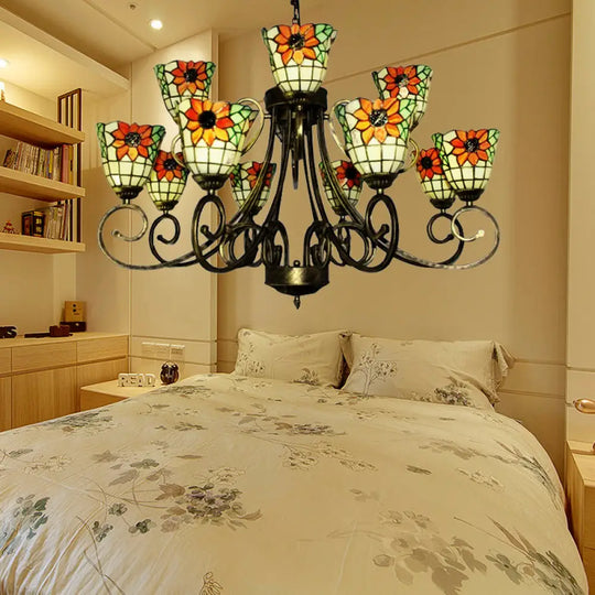 Sunflower Stained Glass Chandelier - Exquisite Tiffany Suspension Light In Antique Bronze | Ideal