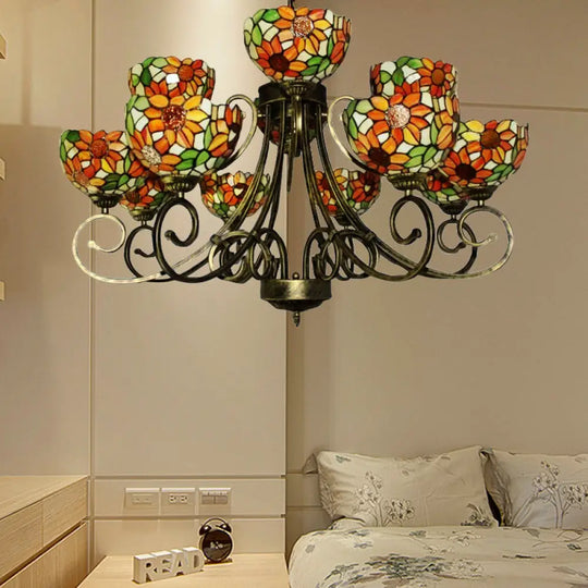 Sunflower Stained Glass Chandelier - Exquisite Tiffany Suspension Light In Antique Bronze | Ideal