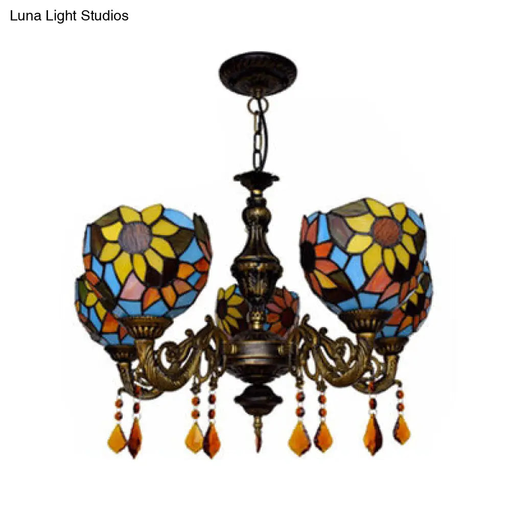 Lodge Dome Hanging Sunflower Chandelier With Crystal - Stained Glass 5 Heads Ideal For Living Room