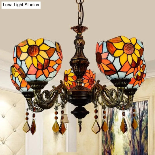 Lodge Dome Hanging Sunflower Chandelier With Crystal - Stained Glass 5 Heads Ideal For Living Room