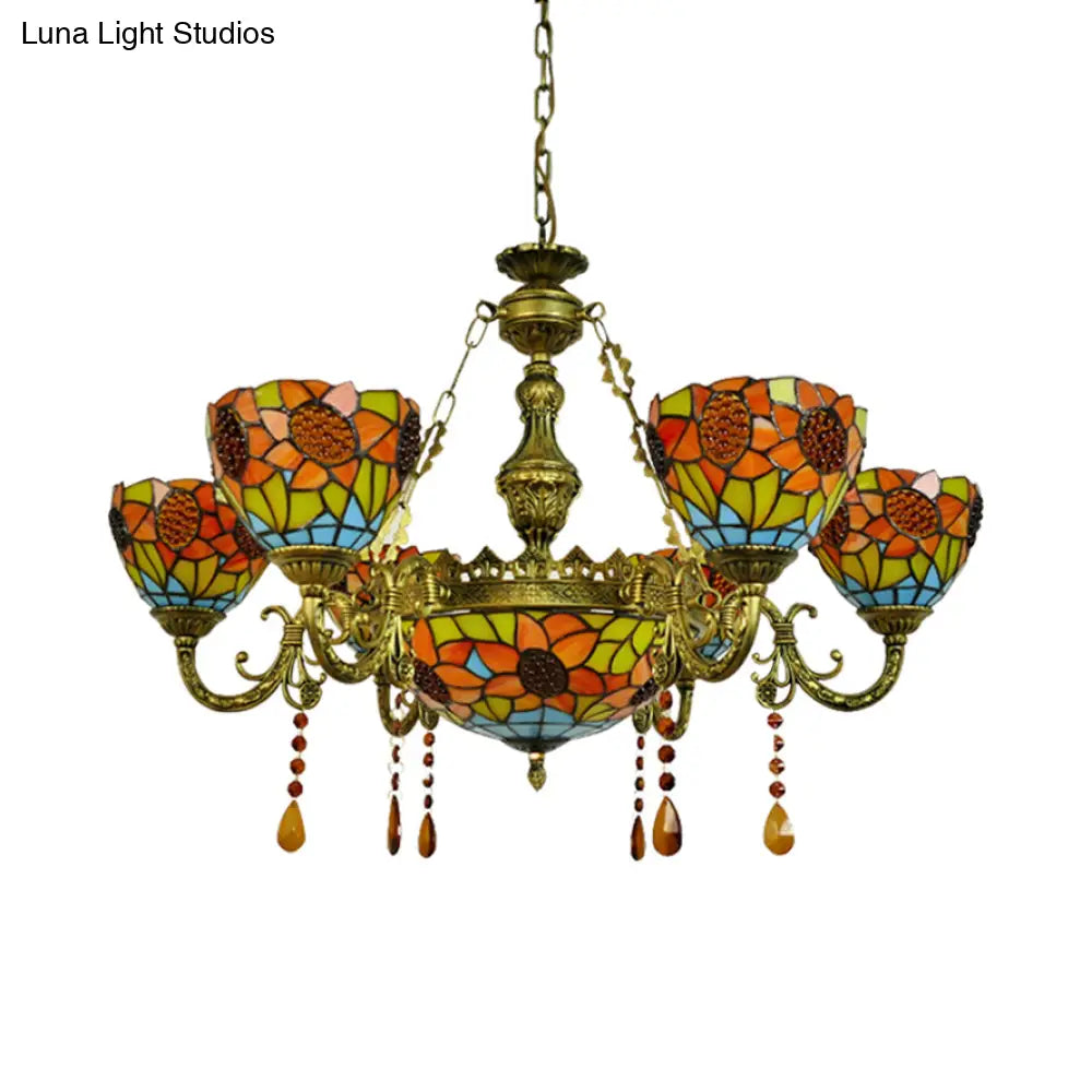 Sunflower Stained Glass Pendant Light With Crystal - Tiffany Ornate Chandelier In Yellow For Hotels