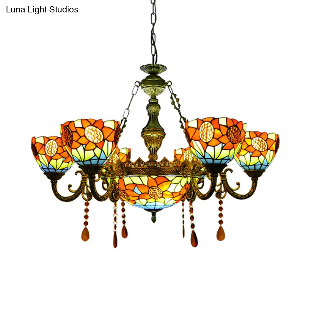 Sunflower Stained Glass Tiffany Chandelier With Crystal Accent In Yellow - Ideal For Hotels 7 /