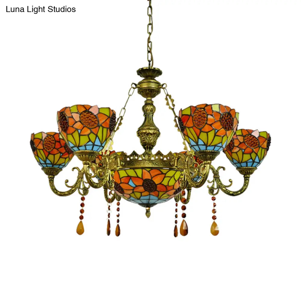 Sunflower Stained Glass Tiffany Chandelier With Crystal Accent In Yellow - Ideal For Hotels