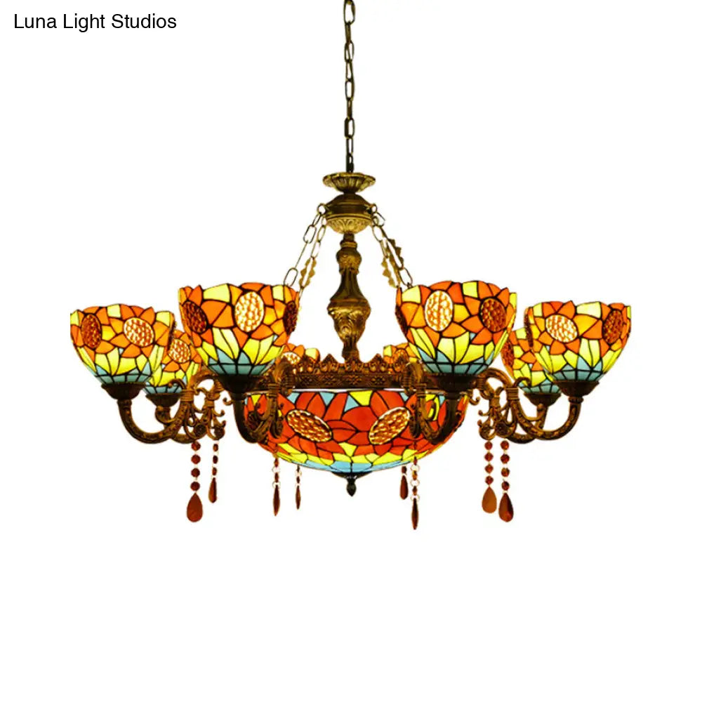 Sunflower Stained Glass Tiffany Chandelier With Crystal Accent In Yellow - Ideal For Hotels 9 /