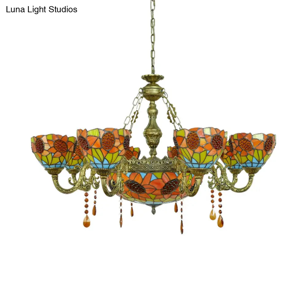 Sunflower Stained Glass Tiffany Chandelier With Crystal Accent In Yellow - Ideal For Hotels