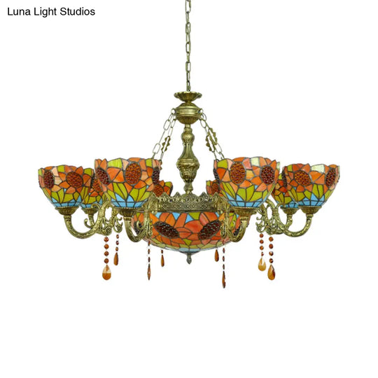 Sunflower Stained Glass Tiffany Chandelier With Crystal Accent In Yellow - Ideal For Hotels