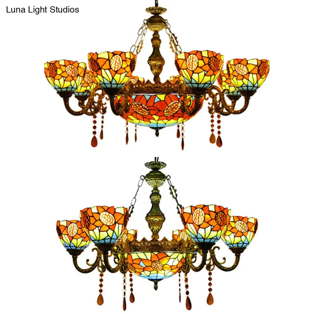 Sunflower Stained Glass Tiffany Chandelier With Crystal Accent In Yellow - Ideal For Hotels