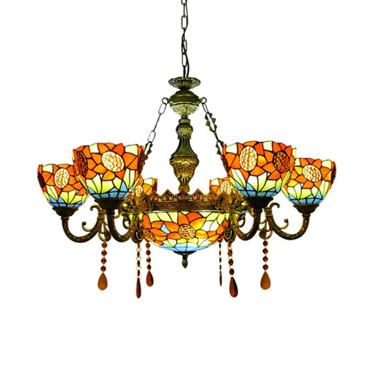 Sunflower Stained Glass Pendant Light With Crystal - Tiffany Ornate Chandelier In Yellow For Hotels