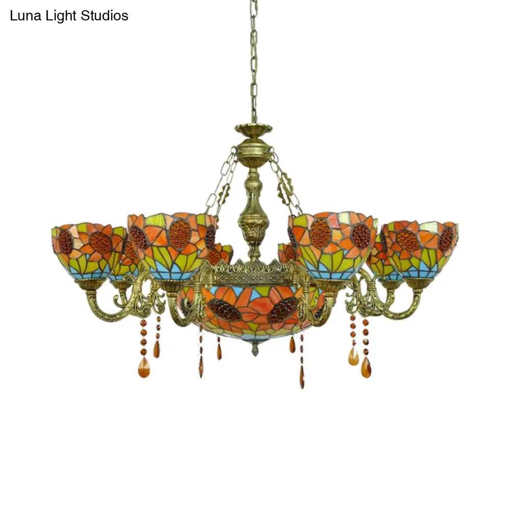 Sunflower Stained Glass Pendant Light With Crystal - Tiffany Ornate Chandelier In Yellow For Hotels