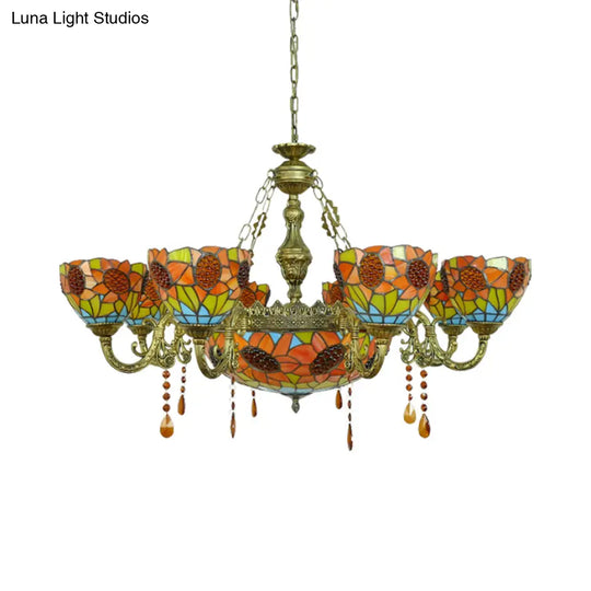 Sunflower Stained Glass Pendant Light With Crystal - Tiffany Ornate Chandelier In Yellow For Hotels