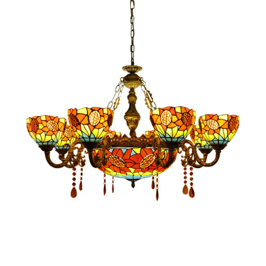 Sunflower Stained Glass Pendant Light With Crystal - Tiffany Ornate Chandelier In Yellow For Hotels