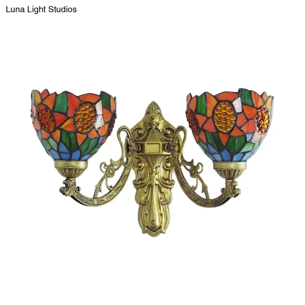 Sunflower Stained Glass Sconce: 2-Light Lodge Tiffany Wall Lamp In Green/Beige For Living Room