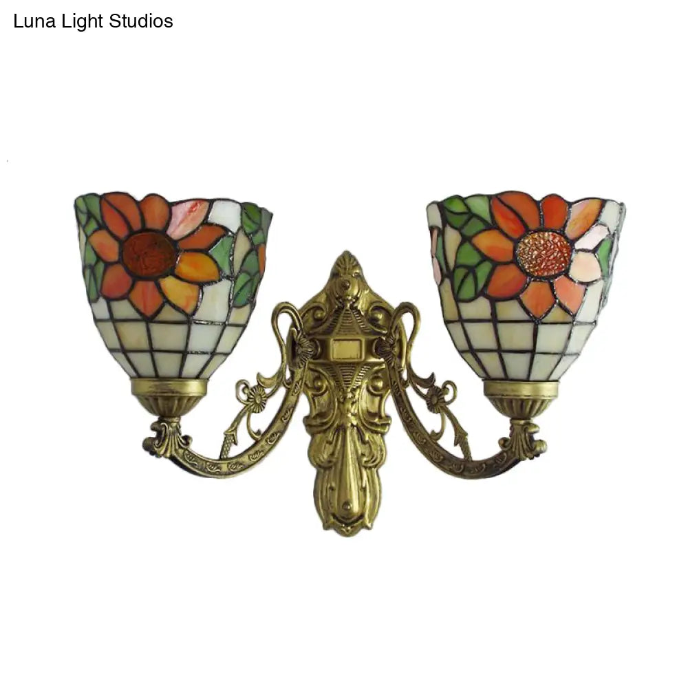 Sunflower Stained Glass Sconce: 2-Light Lodge Tiffany Wall Lamp In Green/Beige For Living Room