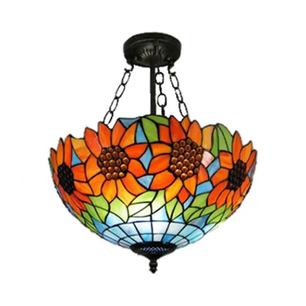 Sunflower Stained Glass Semi Flush Mount In Orange/Yellow - Perfect For Living Room! Orange / 12’