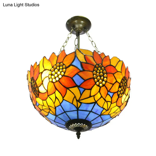 Sunflower Stained Glass Semi Flush Mount In Orange/Yellow - Perfect For Living Room! Yellow / 16