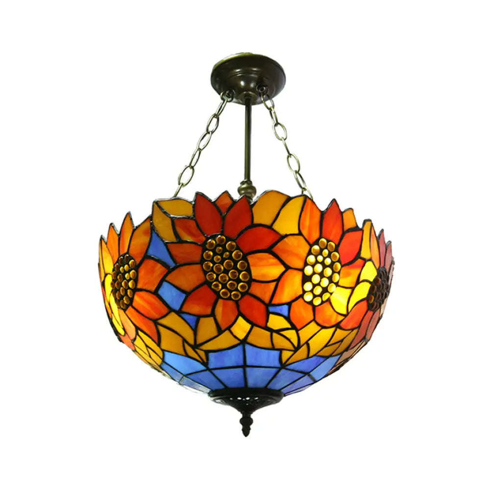 Sunflower Stained Glass Semi Flush Mount In Orange/Yellow - Perfect For Living Room! Orange / 16’