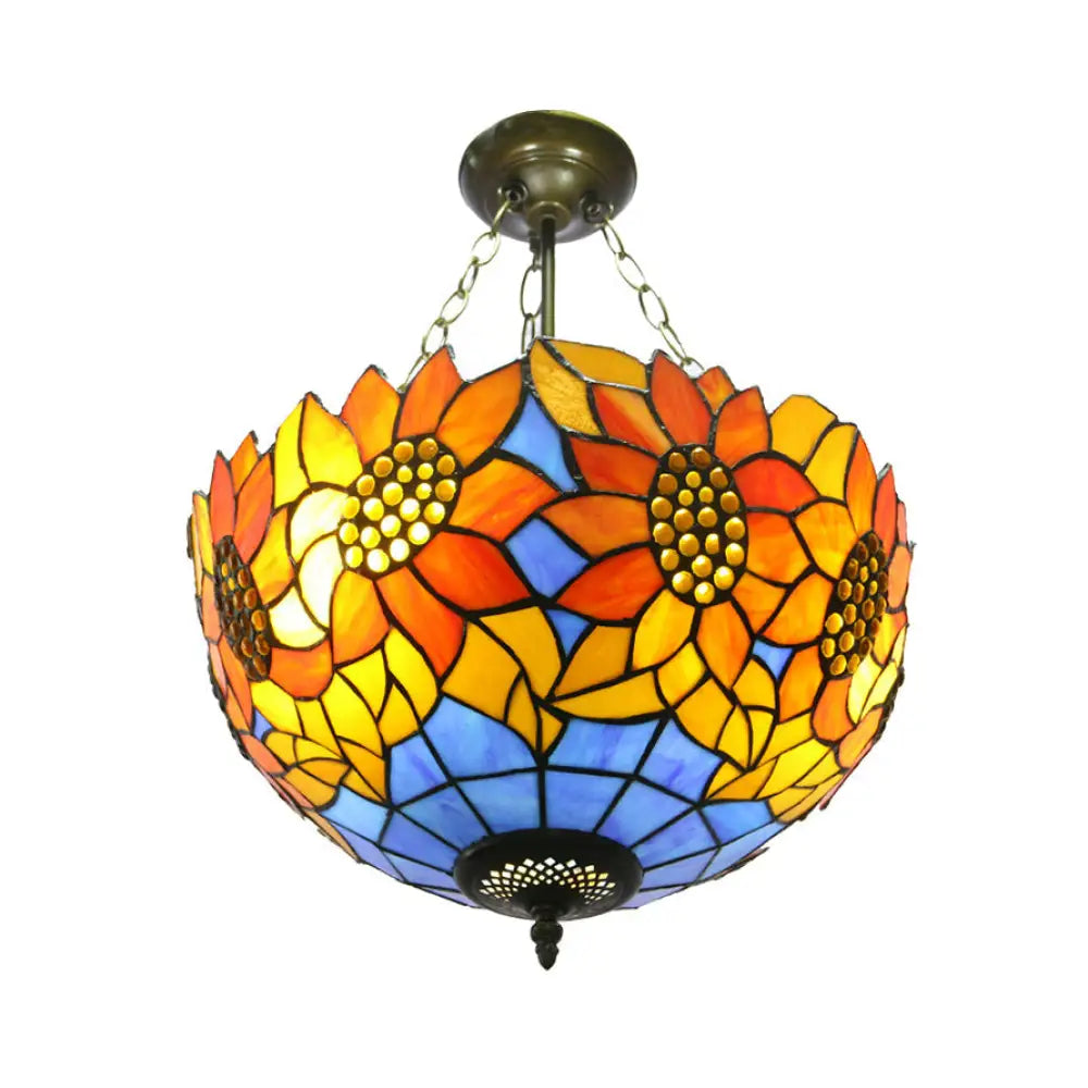 Sunflower Stained Glass Semi Flush Mount In Orange/Yellow - Perfect For Living Room! Yellow / 16’