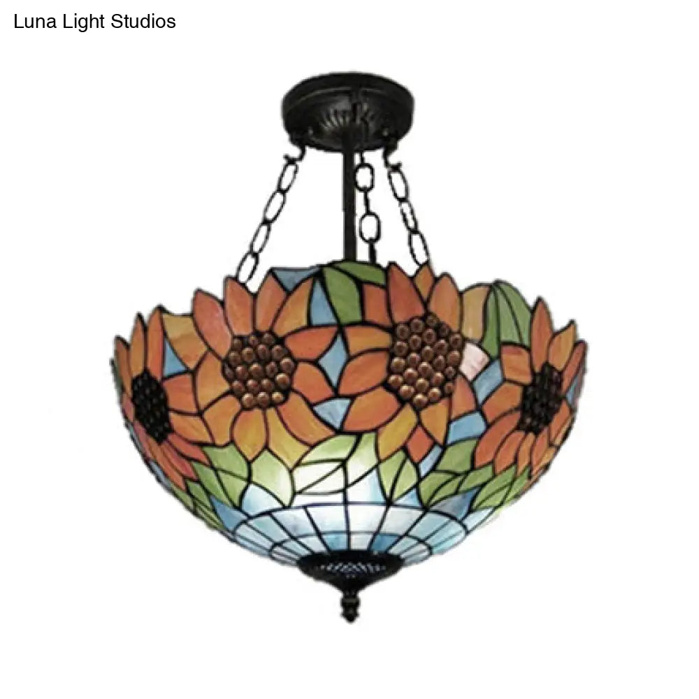 Sunflower Stained Glass Semi Flush Mount In Orange/Yellow - Perfect For Living Room!