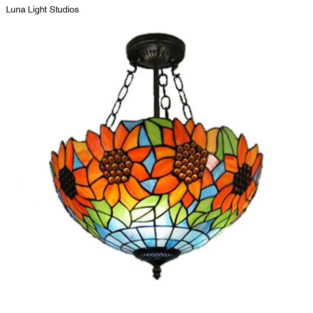 Sunflower Stained Glass Semi Flush Mount In Orange/Yellow - Perfect For Living Room! Orange / 12