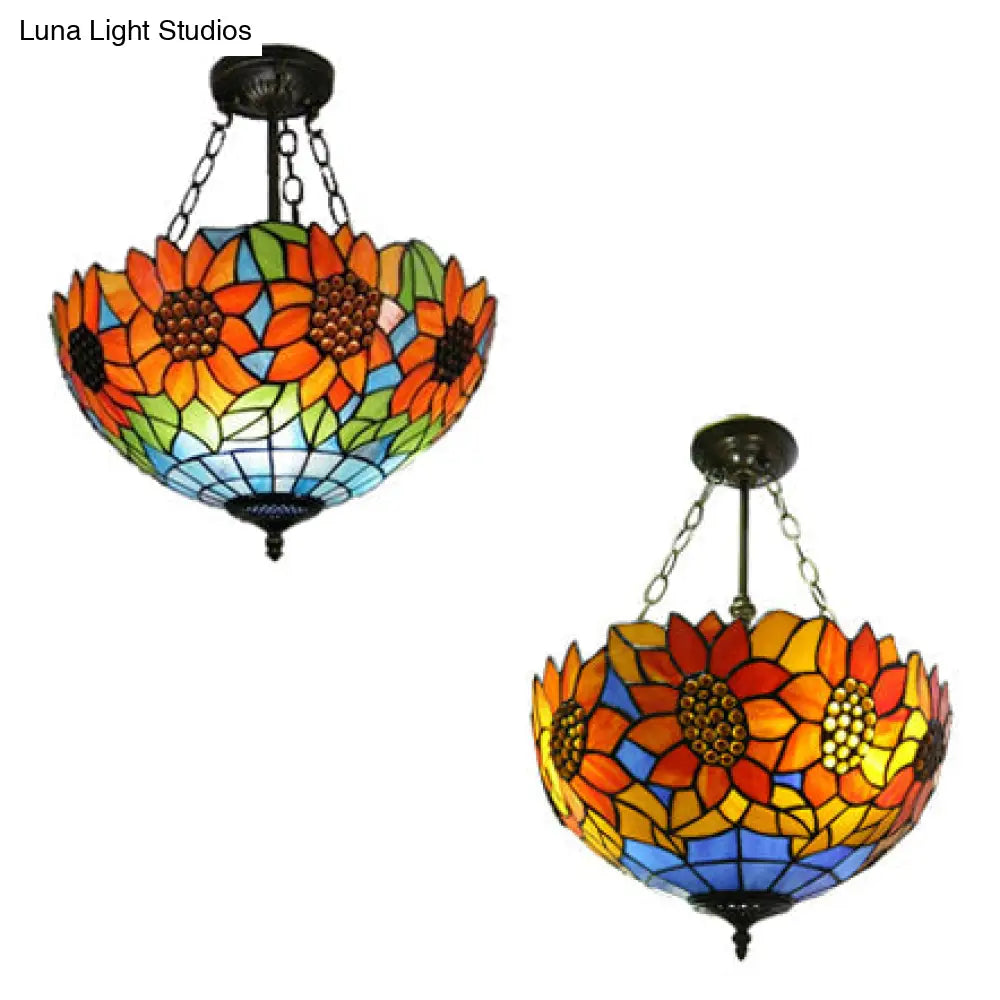 Sunflower Stained Glass Semi Flush Mount In Orange/Yellow - Perfect For Living Room!