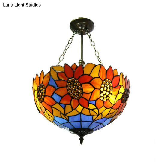 Sunflower Stained Glass Semi Flush Mount In Orange/Yellow - Perfect For Living Room! Orange / 16