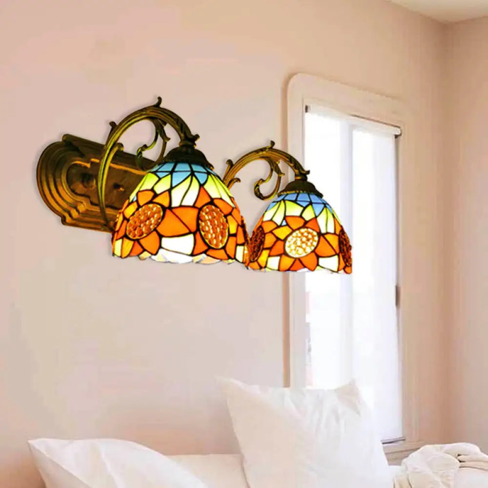 Sunflower Stained Glass Wall Light - 2-Light Loft Sconce In Orange