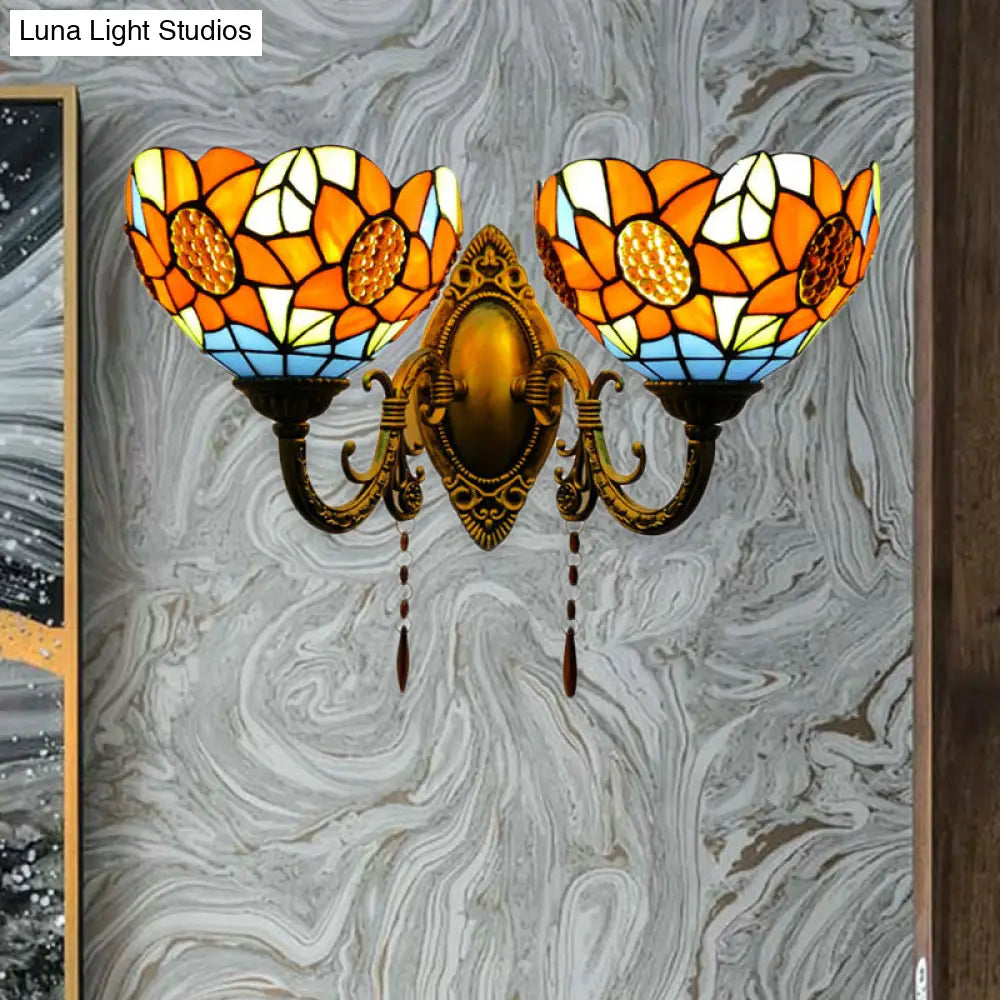 Sunflower Stained Glass Wall Light Fixture - 2-Light Mount For A Country Look