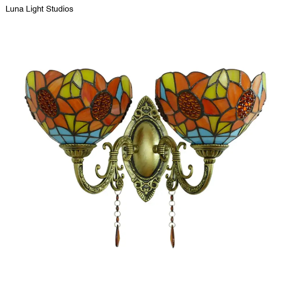 Sunflower Stained Glass Wall Light Fixture - 2-Light Mount For A Country Look