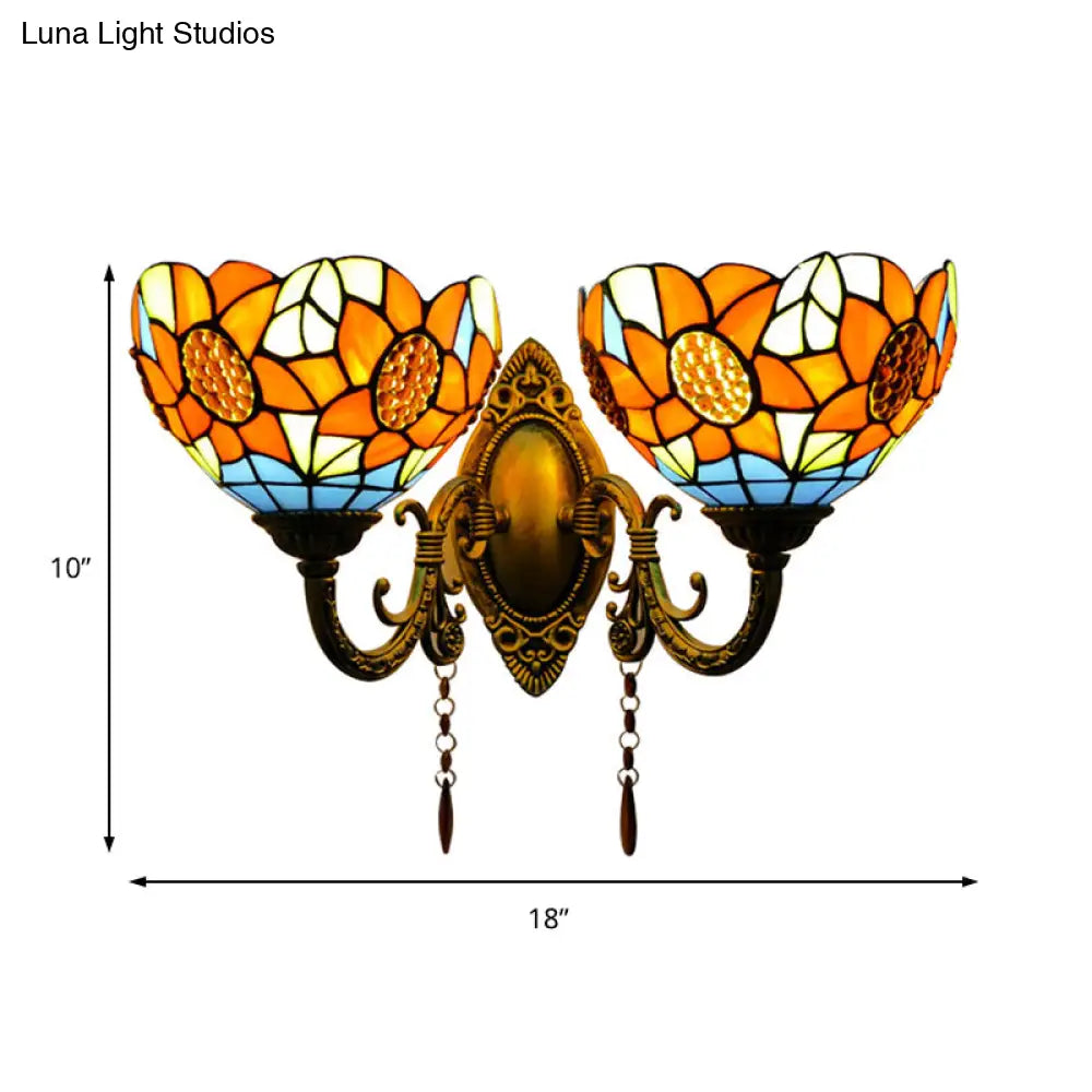 Sunflower Stained Glass Wall Light Fixture - 2-Light Mount For A Country Look