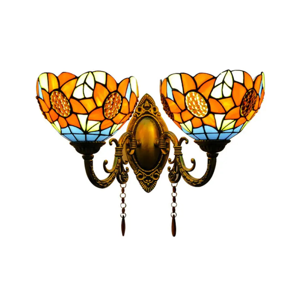 Sunflower Stained Glass Wall Light Fixture - 2-Light Mount For A Country Look Orange