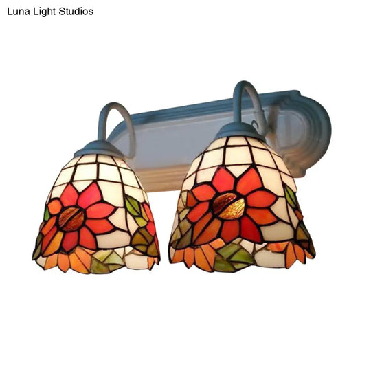 Sunflower Stained Glass Wall Light Fixture - Victorian Sconce 2-Head Orange Sun Design