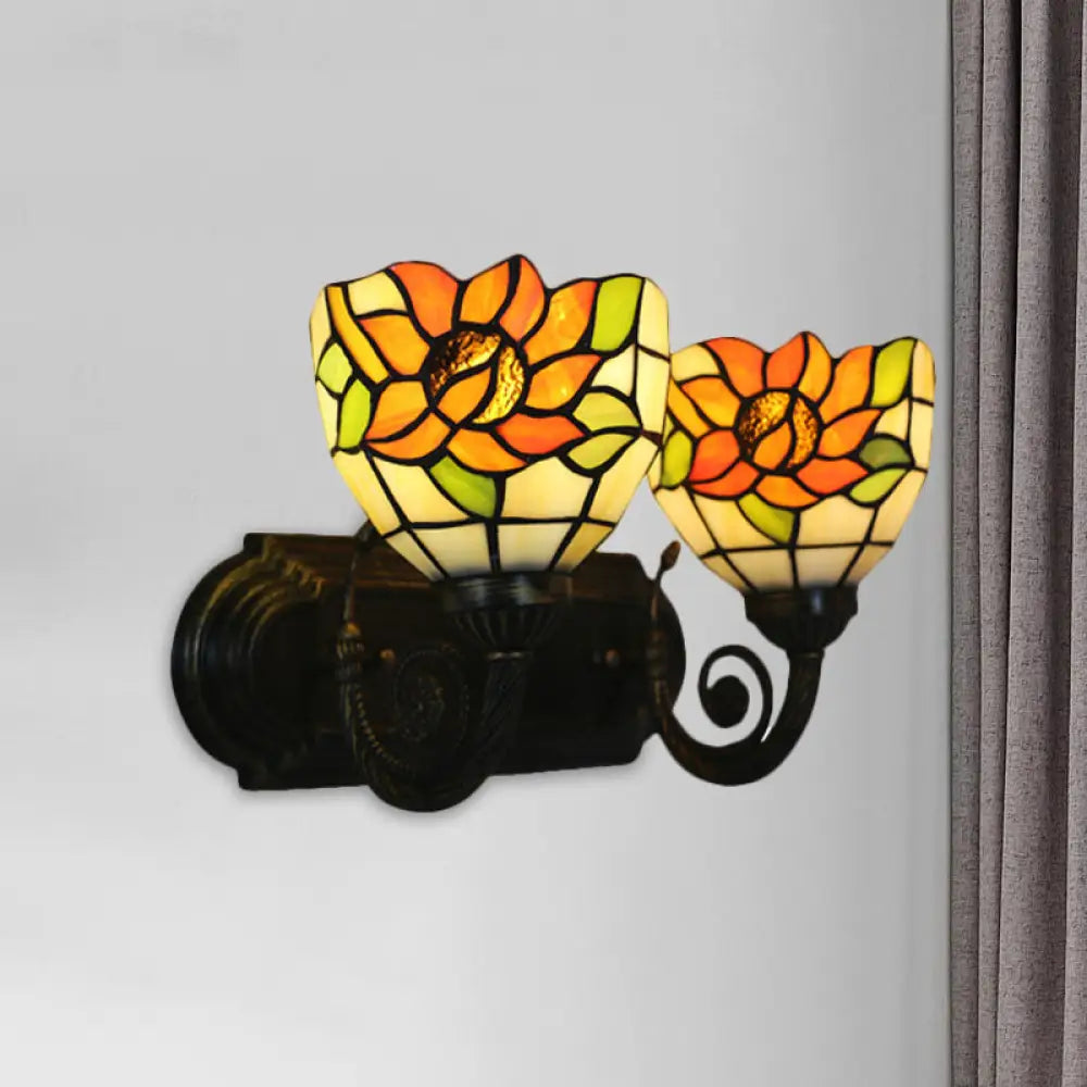 Sunflower Stained Glass Wall Sconce With 2 Lights & Brass Finish - Perfect For Bedrooms