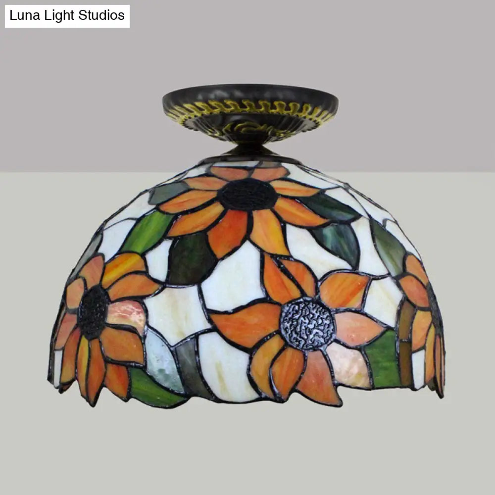 Sunflower Tiffany Stained Glass Ceiling Lamp - 1 Light Brass Flush Mount