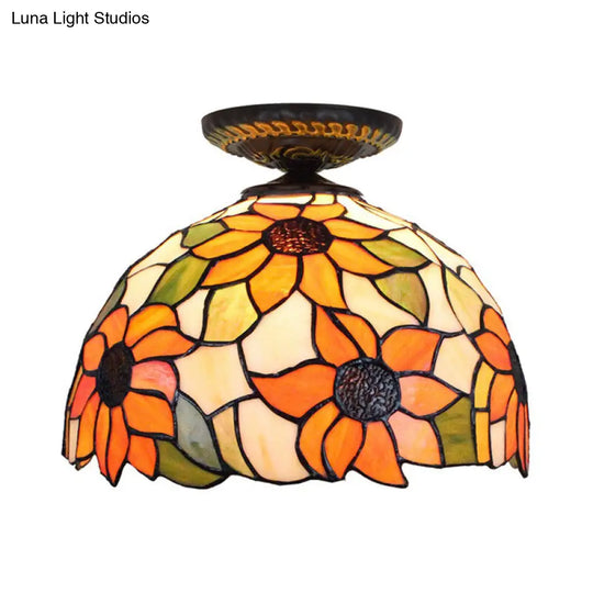 Sunflower Tiffany Stained Glass Ceiling Lamp - 1 Light Brass Flush Mount