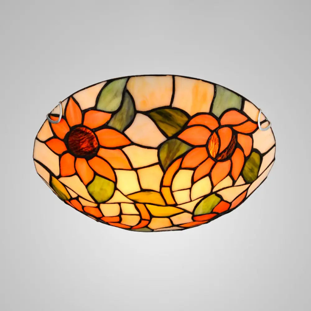 Sunflower Tiffany Stained Glass Flush Mount Ceiling Light In Vibrant Orange Bowl Shape / 12’