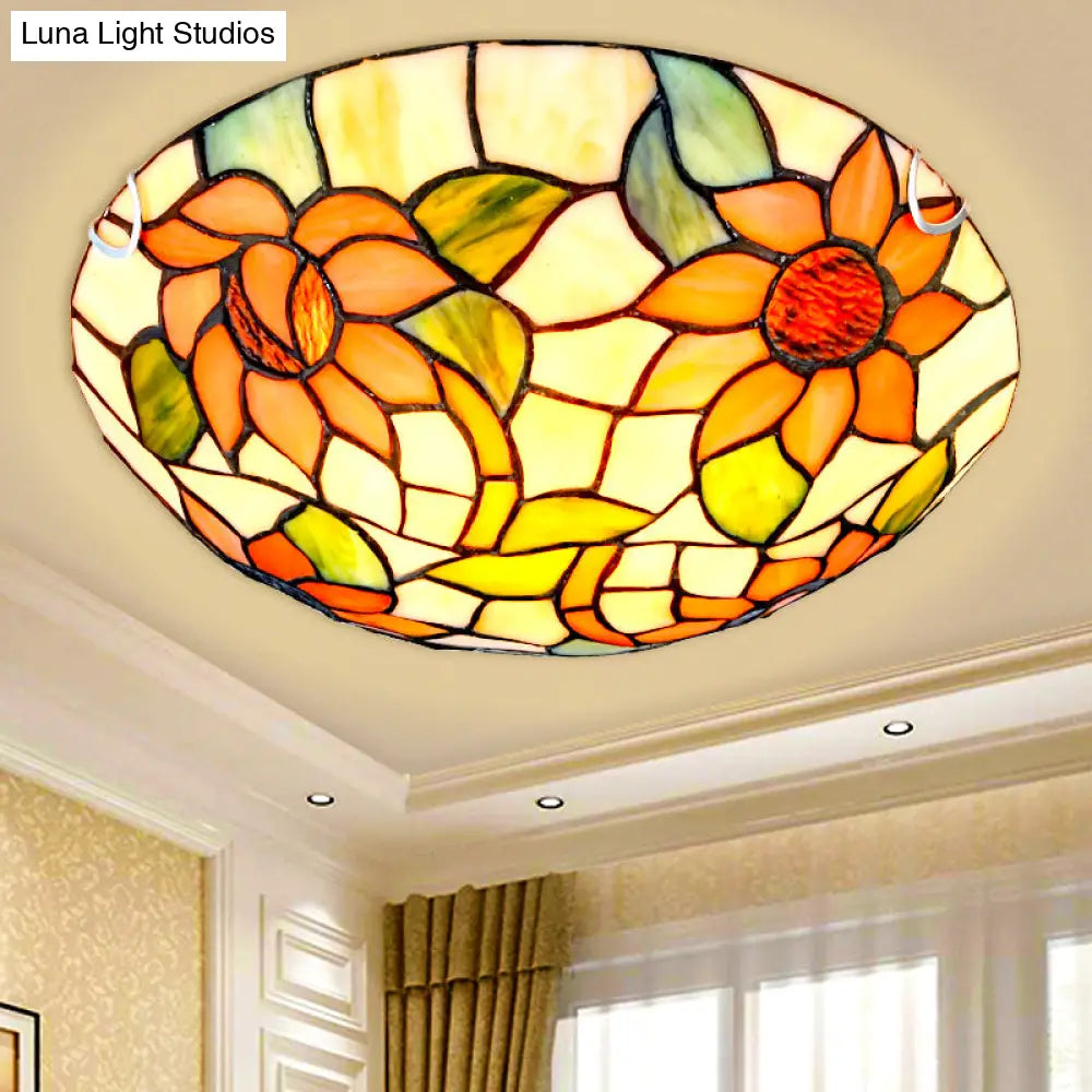 Sunflower Tiffany Stained Glass Flush Mount Ceiling Light In Vibrant Orange Bowl Shape