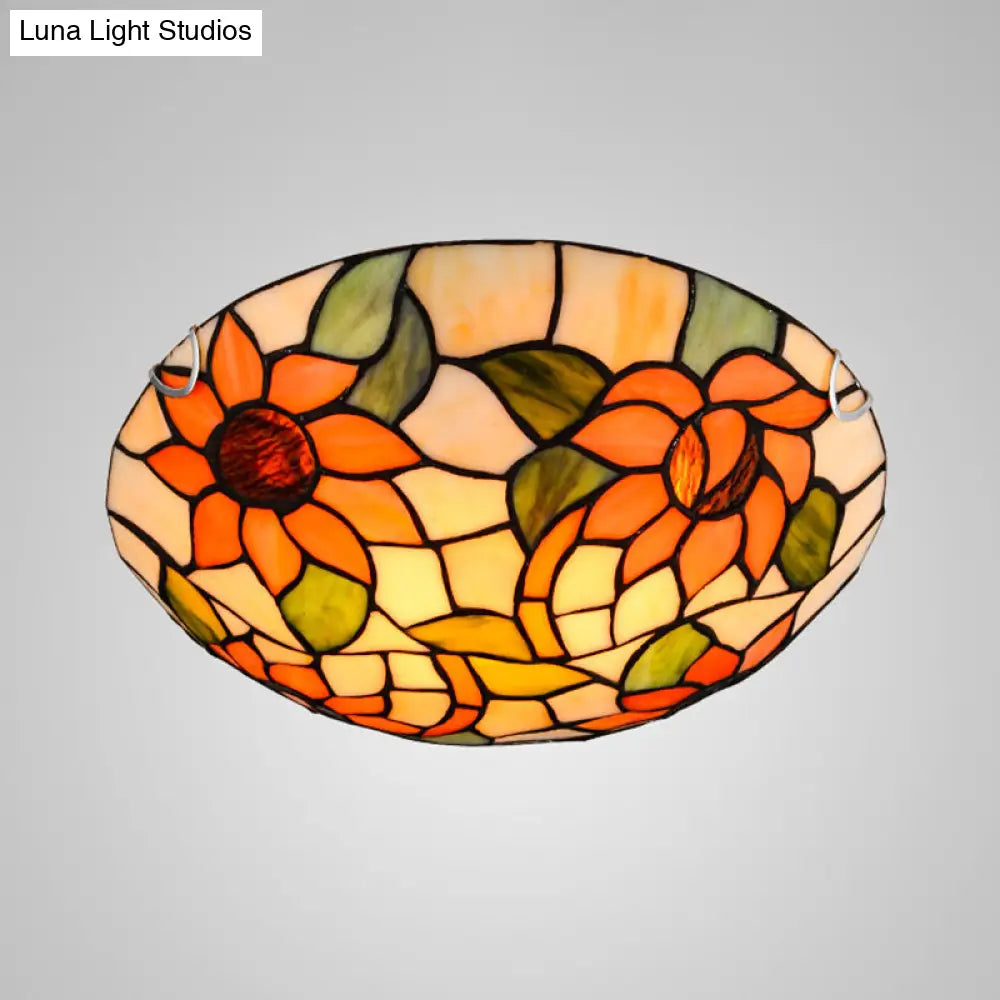 Sunflower Tiffany Stained Glass Flush Mount Ceiling Light In Vibrant Orange Bowl Shape / 12