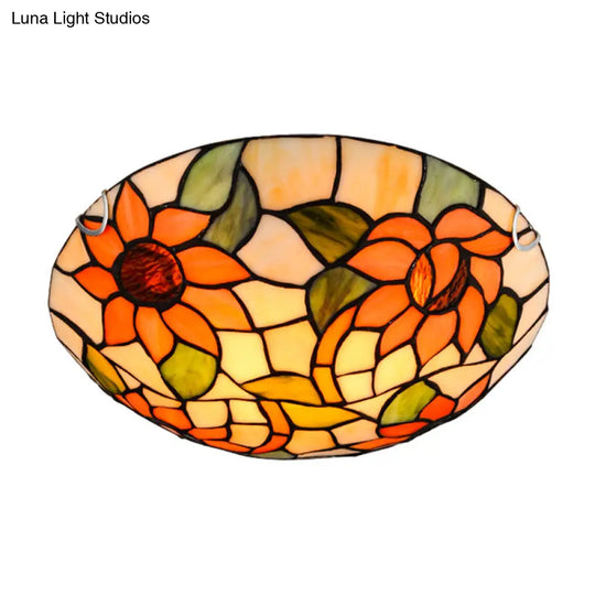 Sunflower Tiffany Stained Glass Flush Mount Ceiling Light In Vibrant Orange Bowl Shape