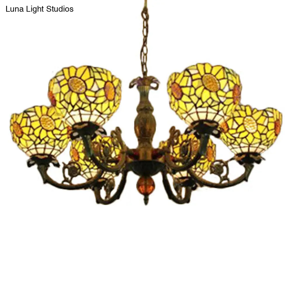 Tiffany Style Stained Glass Sunflower Chandelier With 6 Lights - Bedroom Lighting Beige