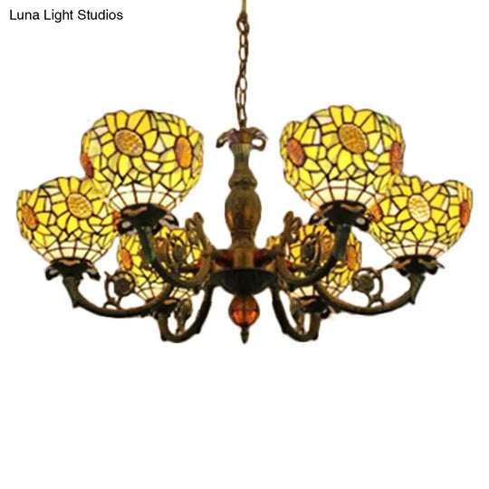 Tiffany Style Stained Glass Sunflower Chandelier With 6 Lights - Bedroom Lighting Beige