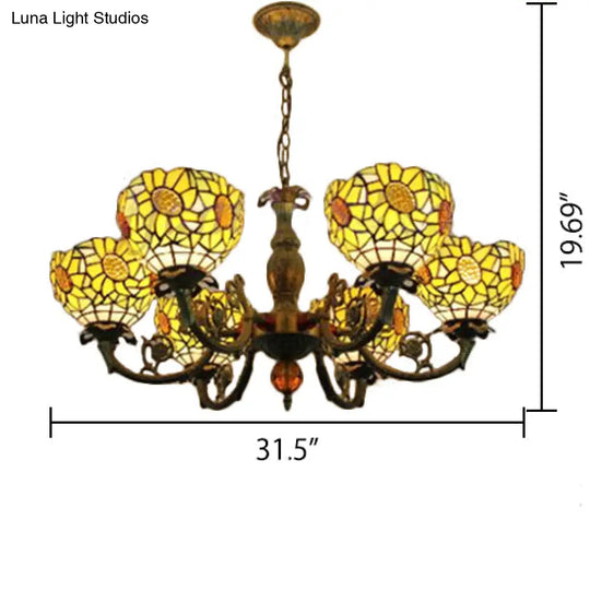 Tiffany Style Stained Glass Sunflower Chandelier With 6 Lights - Bedroom Lighting