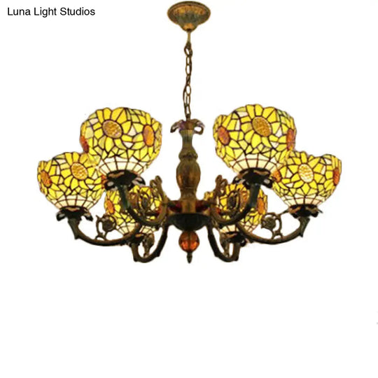 Tiffany Style Stained Glass Sunflower Chandelier With 6 Lights - Bedroom Lighting