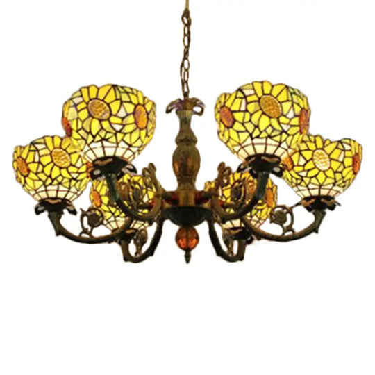 Sunflower Tiffany Style Stained Glass Chandelier: 6-Light Hanging Light For Bedroom Beige