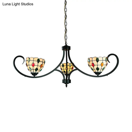 Suspended Beige Bowl Light With Colorful Bead Tiffany Stained Glass Chandelier - 3 Lights For