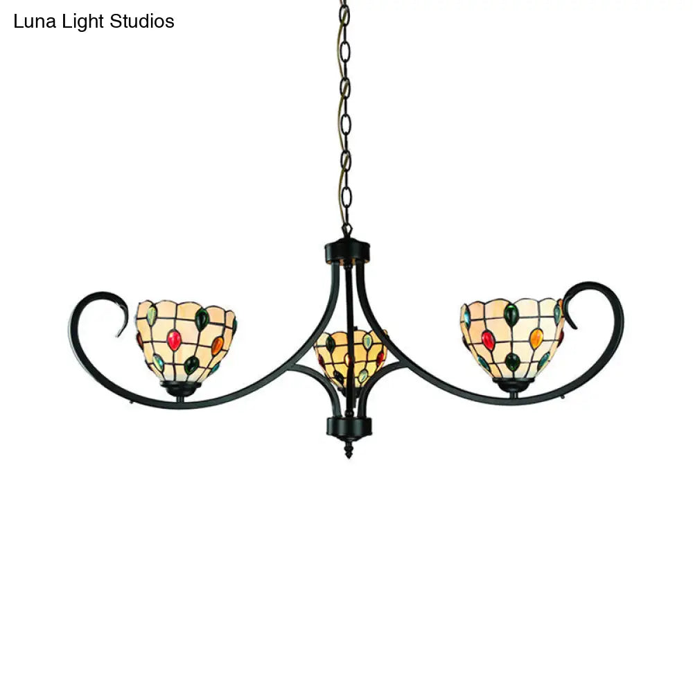 Suspended Beige Bowl With Colorful Bead Tiffany Stained Glass Chandelier - 3 Lights For Dining Room