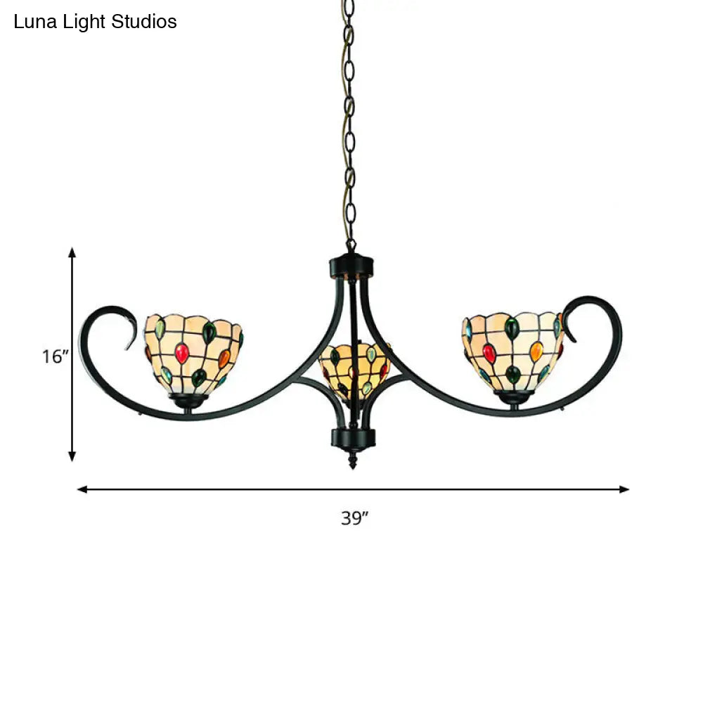 Suspended Beige Bowl With Colorful Bead Tiffany Stained Glass Chandelier - 3 Lights For Dining Room