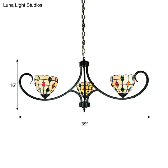 Suspended Beige Bowl Light With Colorful Bead Tiffany Stained Glass Chandelier - 3 Lights For